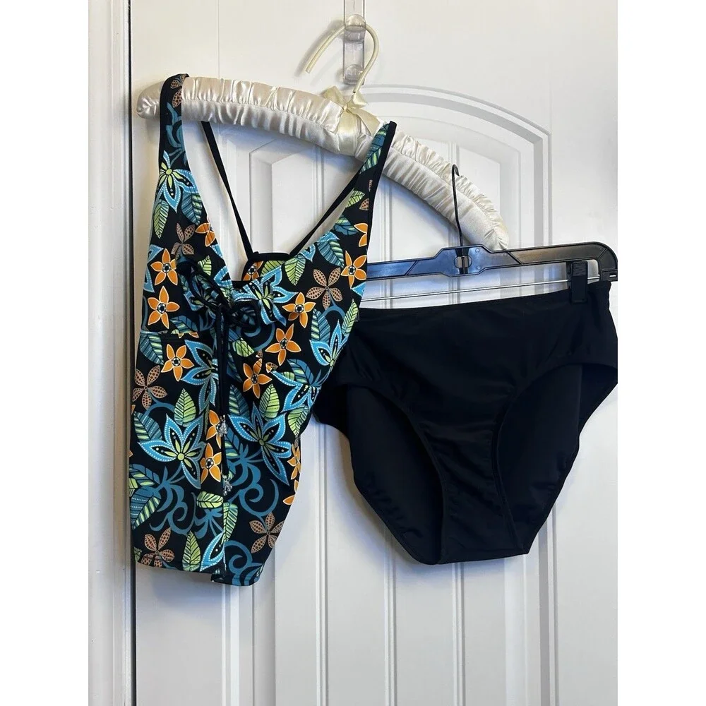 Baltex Pineapple Bay Tankini Swimsuit Size 14 Floral Black 2 Piece NWT Swim Set